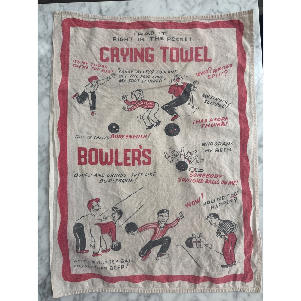 Vintage Bowlers Crying Towel Novelty Bowling Excuses Humorous Tea Towel Red